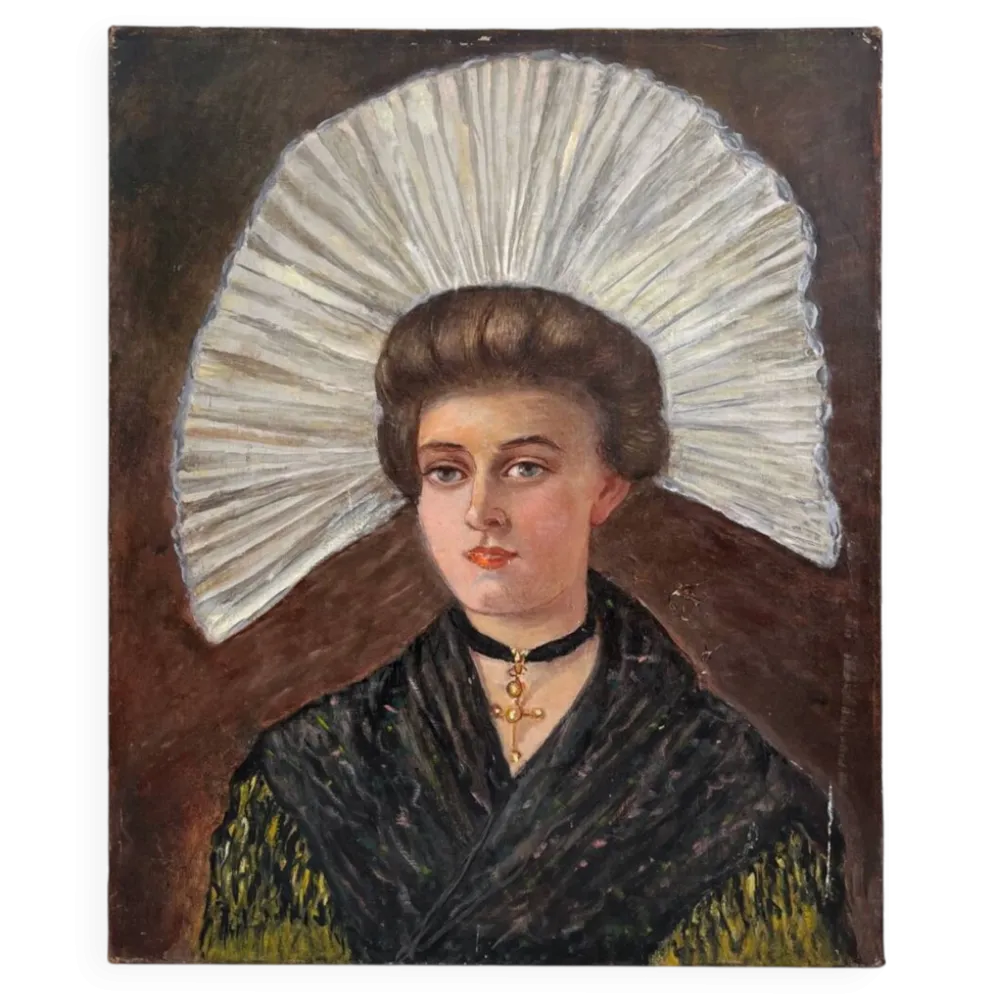 Peinture ancienne huile sur toile portrait de femme en costume traditionnel