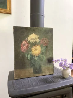 Peinture Ancienne Huile sur Toile Fin XIXe – Nature Morte aux Chrysant