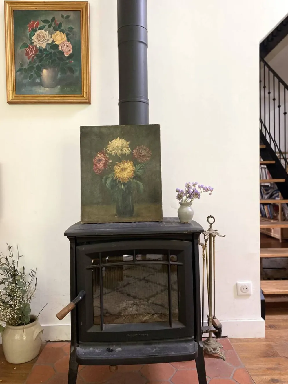 Peinture Ancienne Huile sur Toile Fin XIXe – Nature Morte aux Chrysant