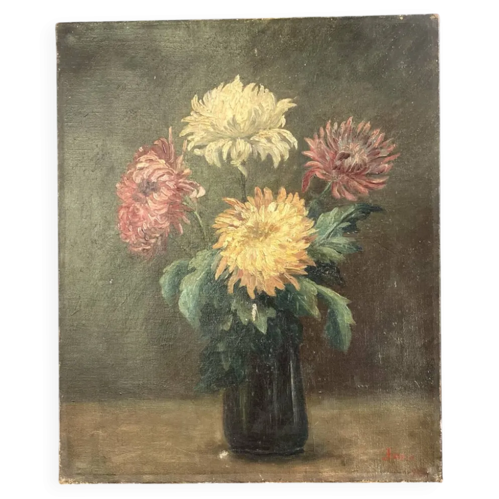 Peinture Ancienne Huile sur Toile Fin XIXe – Nature Morte aux Chrysant