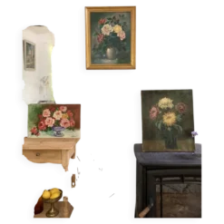 Peinture Ancienne Huile sur Toile Fin XIXe – Nature Morte aux Chrysant