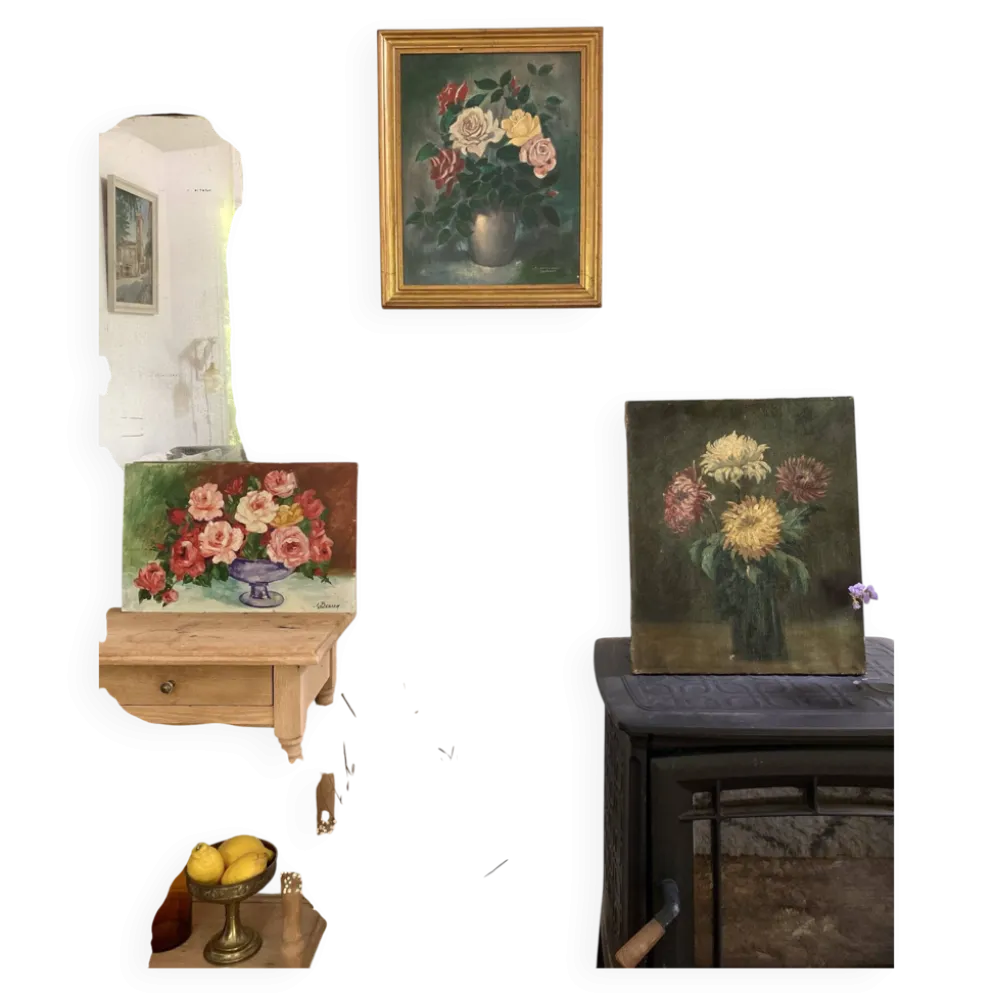 Peinture Ancienne Huile sur Toile Fin XIXe – Nature Morte aux Chrysant