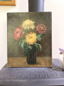 Peinture Ancienne Huile sur Toile Fin XIXe – Nature Morte aux Chrysant