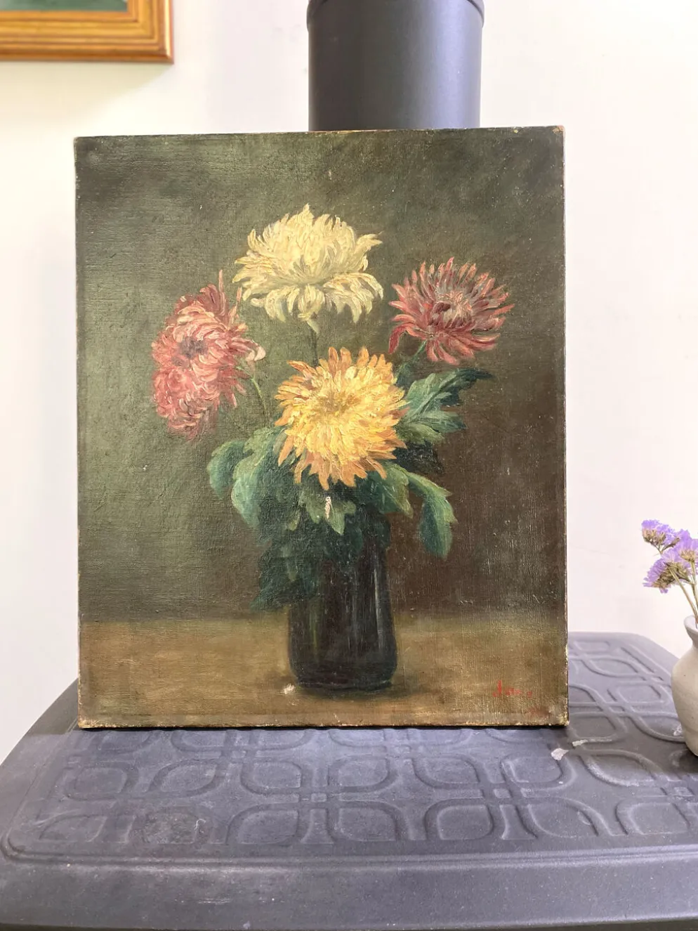 Peinture Ancienne Huile sur Toile Fin XIXe – Nature Morte aux Chrysant