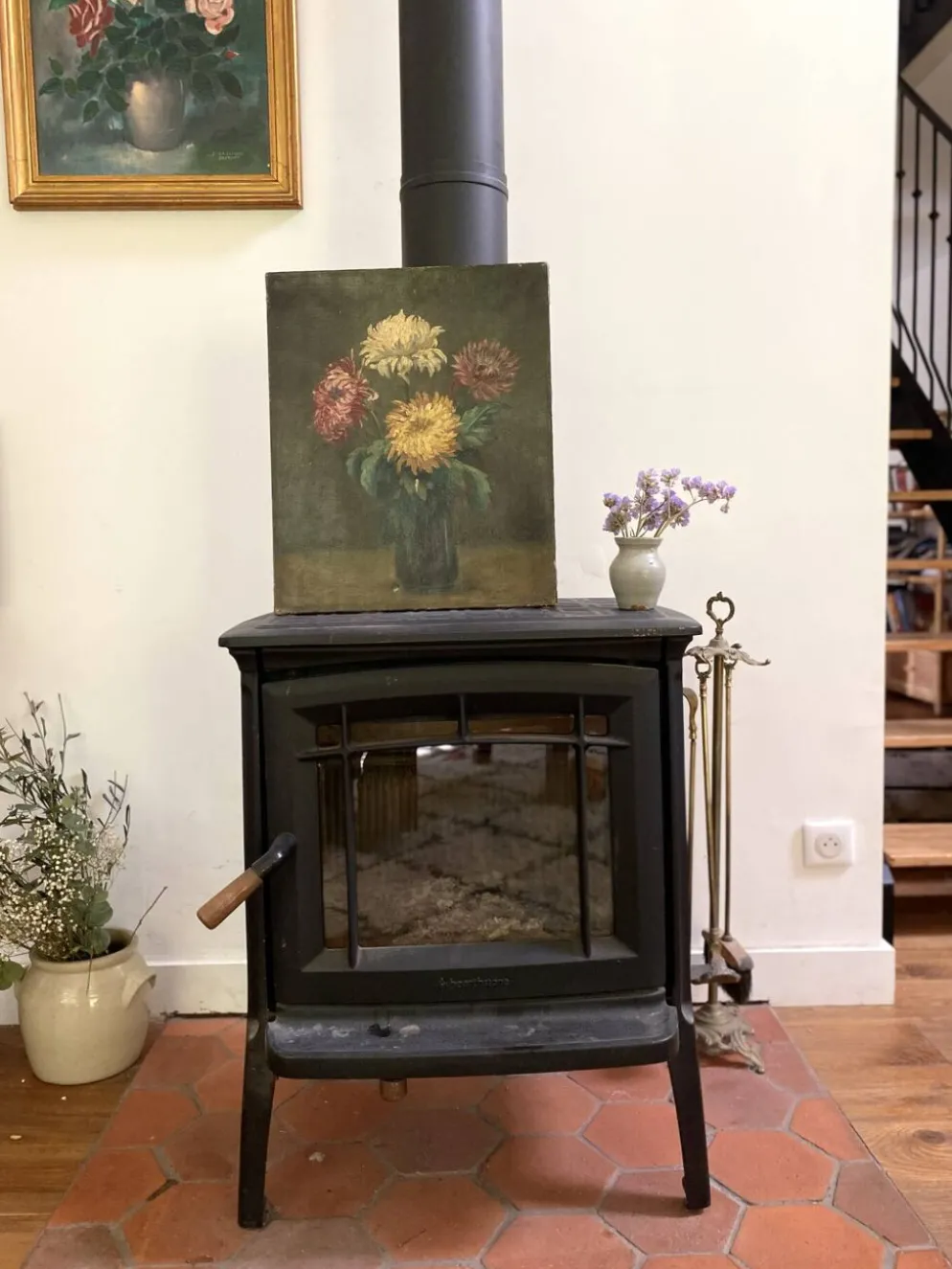 Peinture Ancienne Huile sur Toile Fin XIXe – Nature Morte aux Chrysant