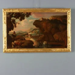 Peinture ancienne paysage avec bergers, huile sur toile, XVIIe siècle