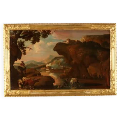Peinture ancienne paysage avec bergers, huile sur toile, XVIIe siècle