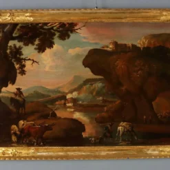 Peinture ancienne paysage avec bergers, huile sur toile, XVIIe siècle