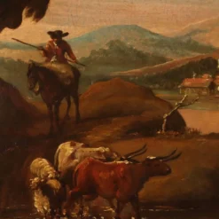 Peinture ancienne paysage avec bergers, huile sur toile, XVIIe siècle