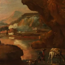Peinture ancienne paysage avec bergers, huile sur toile, XVIIe siècle