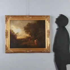 Peinture ancienne paysage avec personnages, huile sur toile, XVIIIe siècle