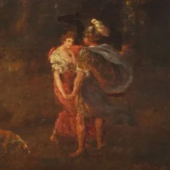Peinture ancienne paysage avec personnages, huile sur toile, XVIIIe siècle