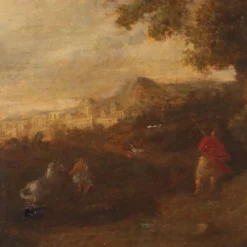 Peinture ancienne paysage avec personnages, huile sur toile, XVIIIe siècle