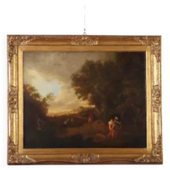 Peinture ancienne paysage avec personnages, huile sur toile, XVIIIe siècle