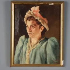 Peinture ancienne, portrait féminin, huile sur toile, Italie, 1892