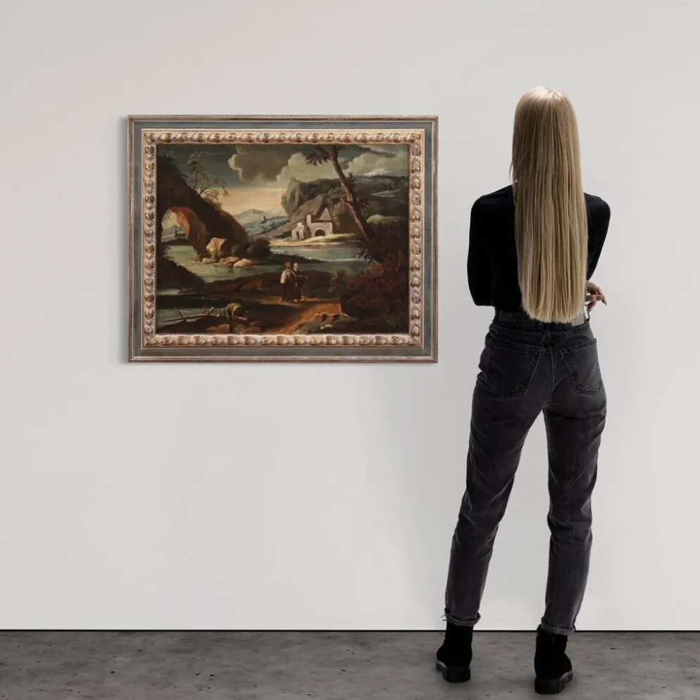 Peinture antique de paysage avec des personnages du XVIIIe siècle