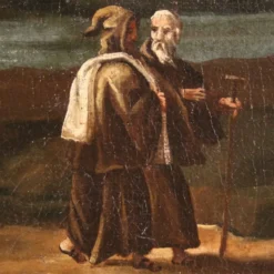 Peinture antique de paysage avec des personnages du XVIIIe siècle