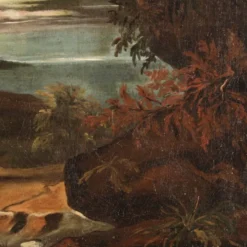 Peinture antique de paysage avec des personnages du XVIIIe siècle