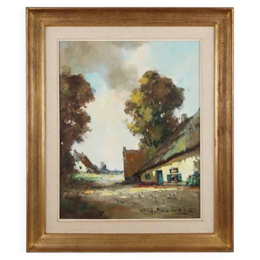 Peinture belge d'une scène de ferme avec cadre en bois doré par Jos Pauwels, 1