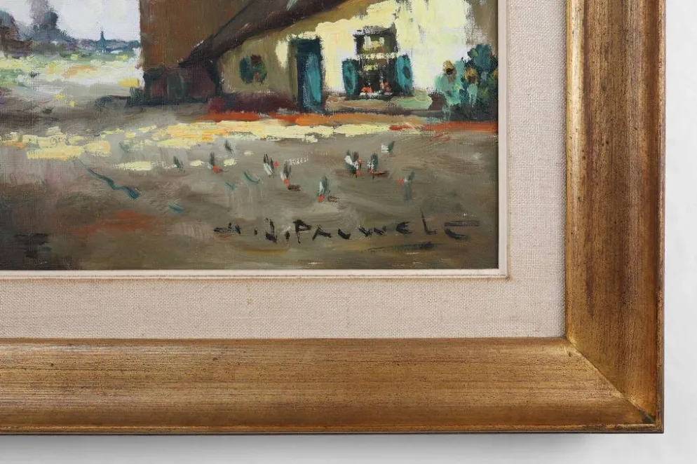 Peinture belge d'une scène de ferme avec cadre en bois doré par Jos Pauwels, 1