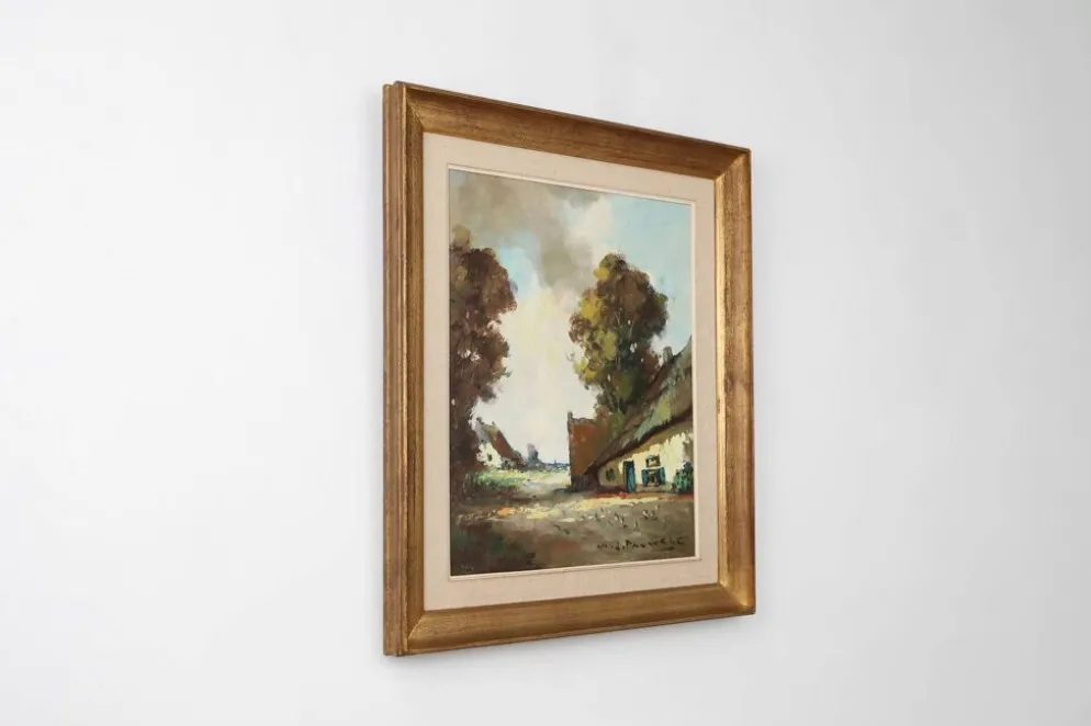 Peinture belge d'une scène de ferme avec cadre en bois doré par Jos Pauwels, 1