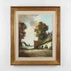 Peinture belge d'une scène de ferme avec cadre en bois doré par Jos Pauwels, 1