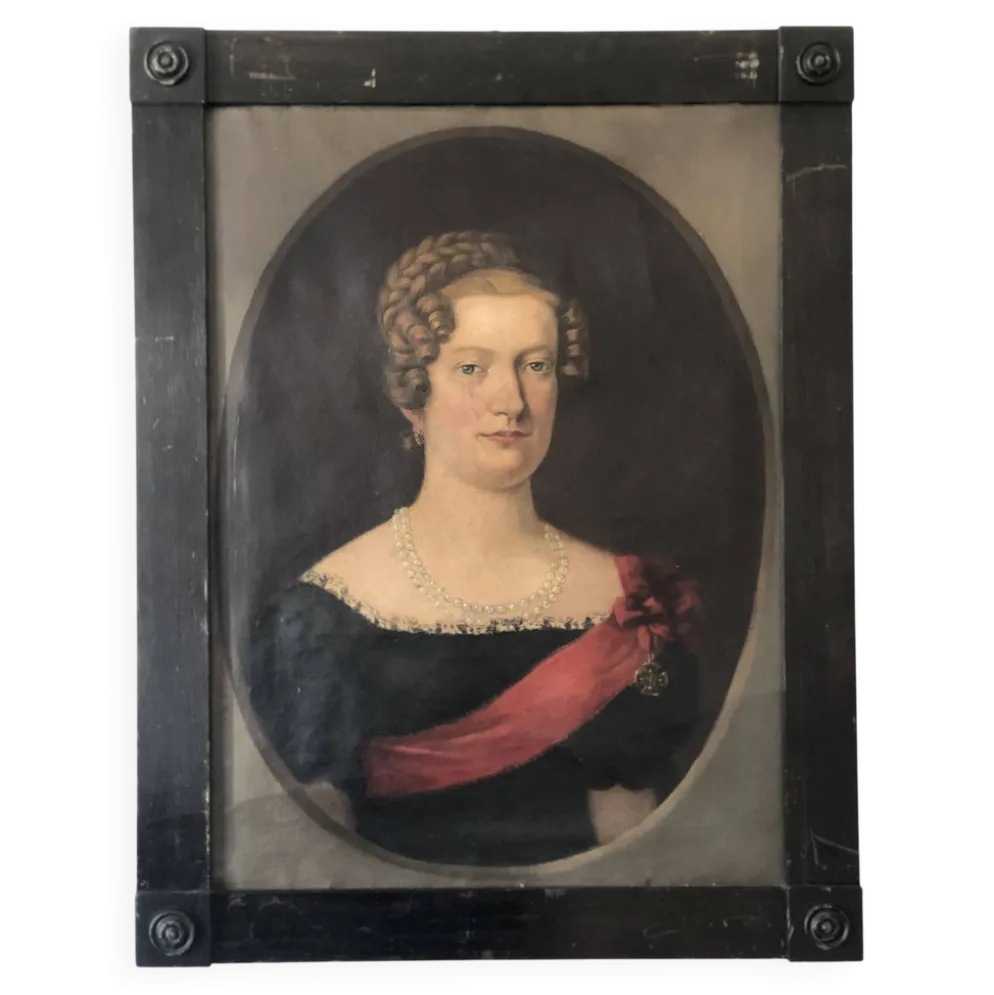 Peinture de portrait originale allemande antique vintage grande du 19ème siècle