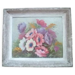 Peinture florale encadrée signée Flo Presson huile sur panneau peintre régi