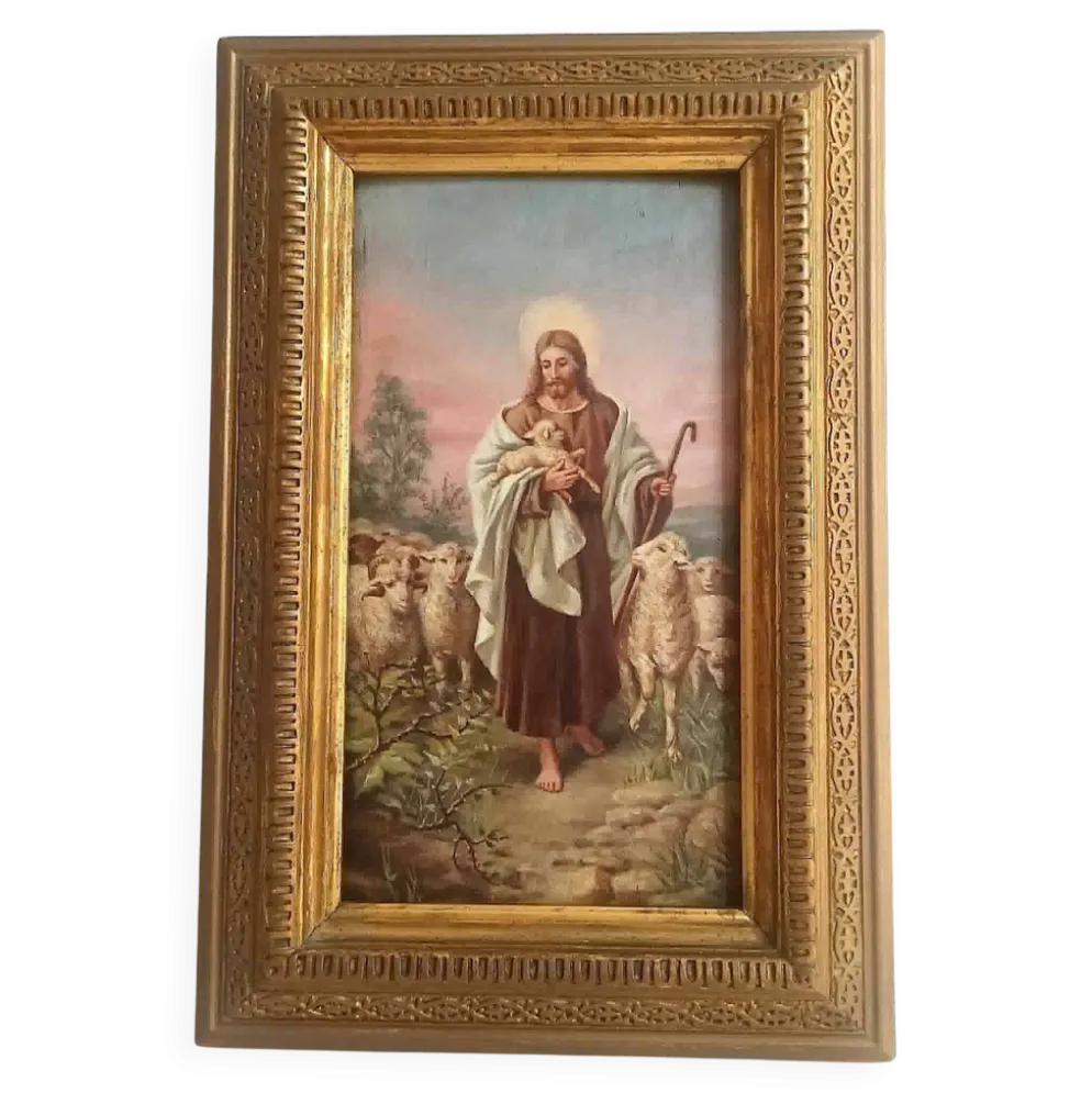 Peinture Huile sur bois Le Christ Bon Berger Fin 19e