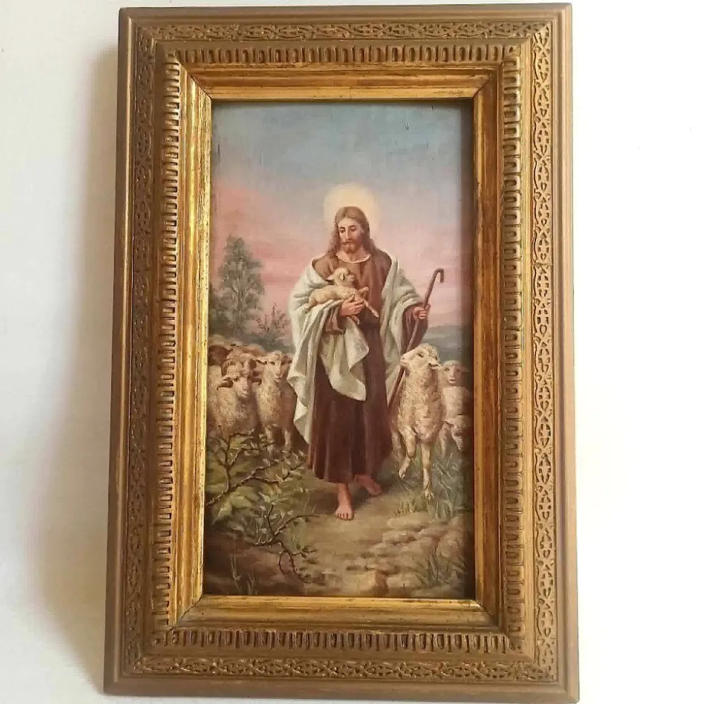 Peinture Huile sur bois Le Christ Bon Berger Fin 19e