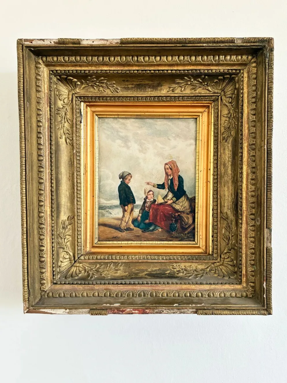 Peinture à l'huile antique de bord de mer, vers 1845