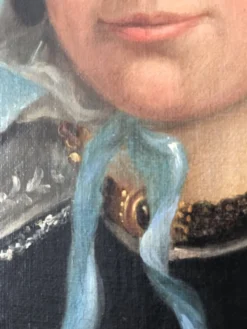 Peinture à l'huile antique vintage d'une dame néerlandaise, 19e siècle