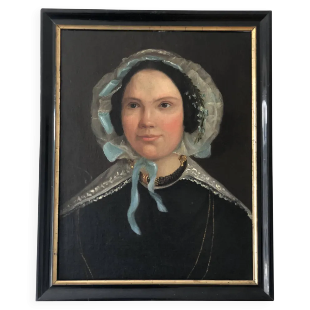 Peinture à l'huile antique vintage d'une dame néerlandaise, 19e siècle
