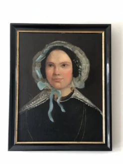 Peinture à l'huile antique vintage d'une dame néerlandaise, 19e siècle