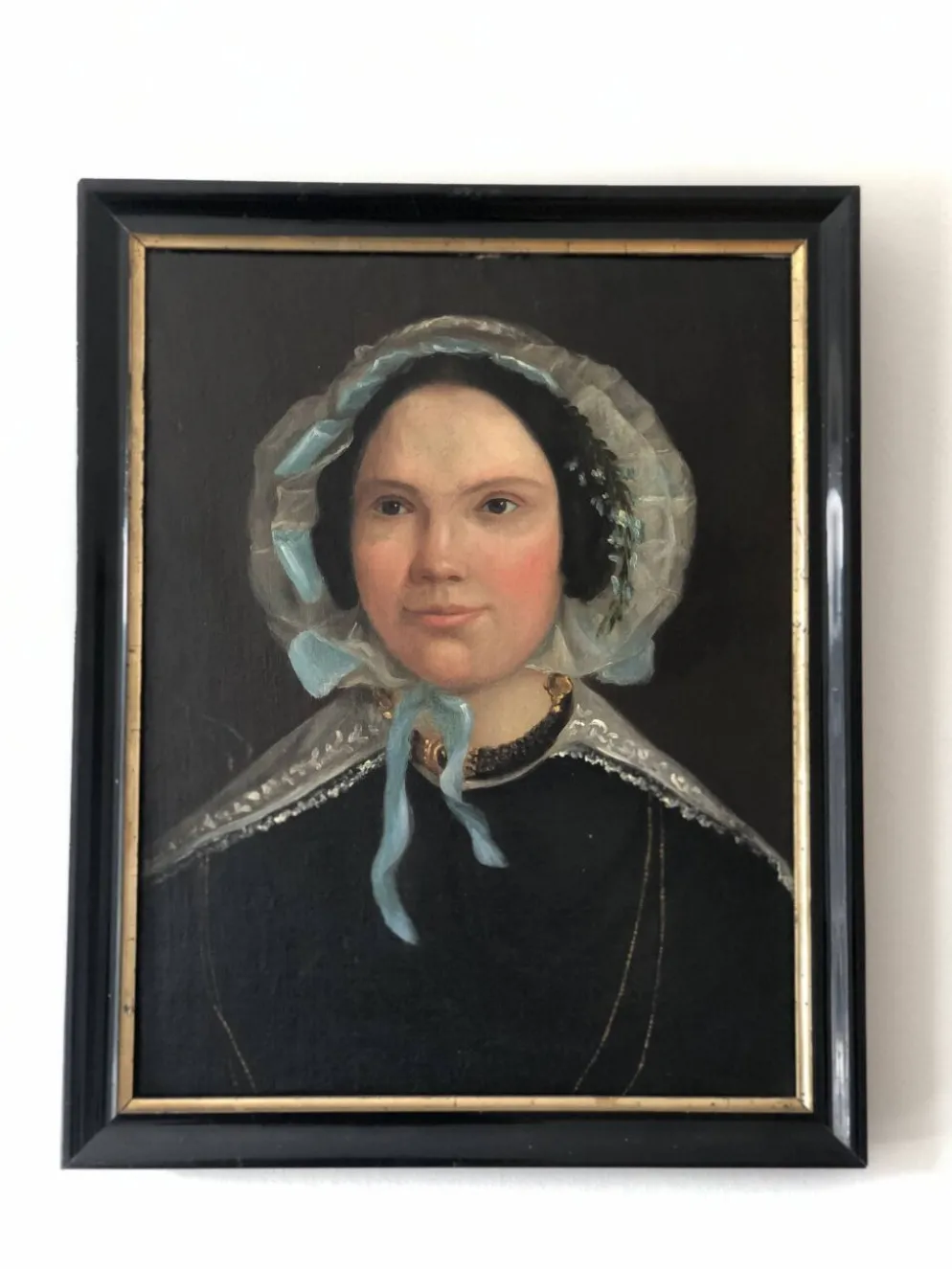 Peinture à l'huile antique vintage d'une dame néerlandaise, 19e siècle
