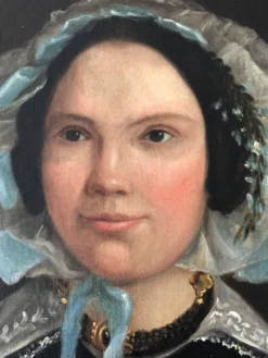 Peinture à l'huile antique vintage d'une dame néerlandaise, 19e siècle
