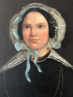 Peinture à l'huile antique vintage d'une dame néerlandaise, 19e siècle