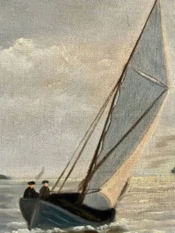 Peinture à l'huile de paysage maritime avec un voilier vintage signé