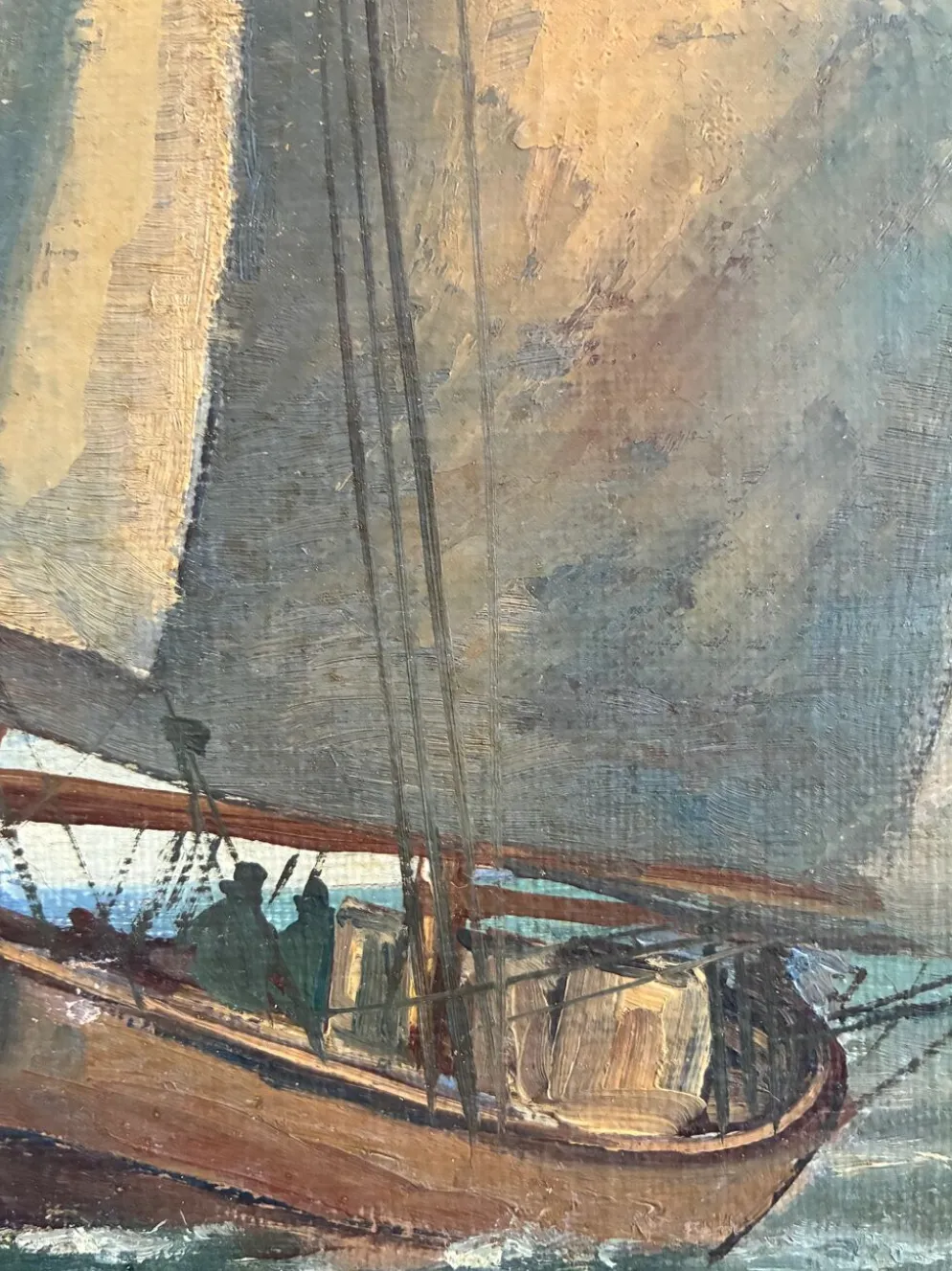 Peinture à l'huile de paysage maritime avec un voilier vintage signé