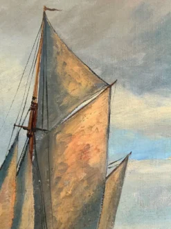 Peinture à l'huile de paysage maritime avec un voilier vintage signé