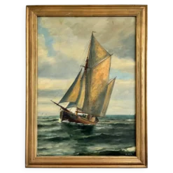 Peinture à l'huile de paysage maritime avec un voilier vintage signé