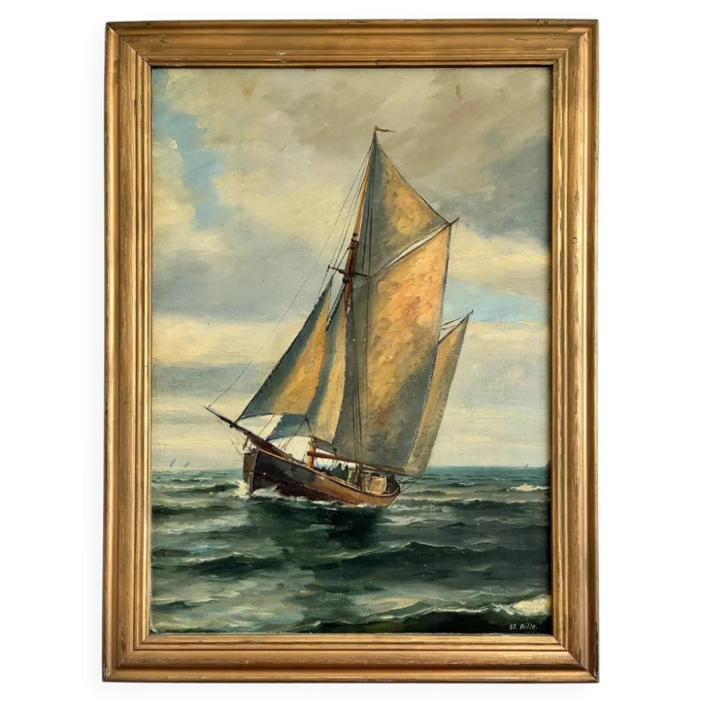 Peinture à l'huile de paysage maritime avec un voilier vintage signé