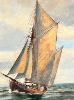Peinture à l'huile de paysage maritime avec un voilier vintage signé