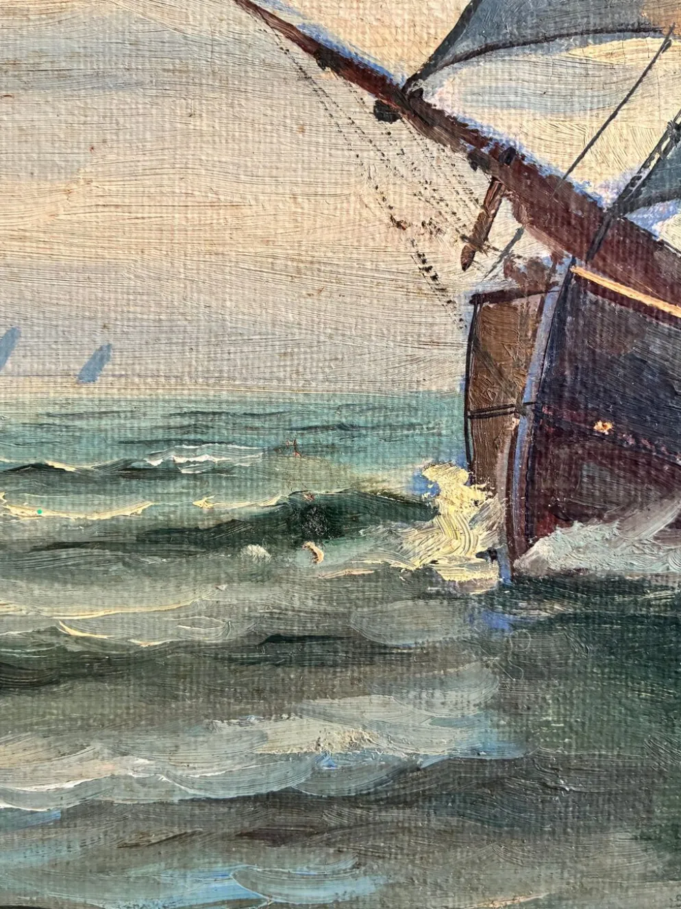 Peinture à l'huile de paysage maritime avec un voilier vintage signé
