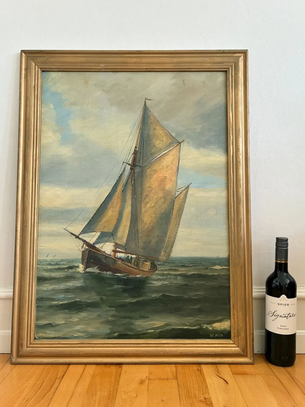Peinture à l'huile de paysage maritime avec un voilier vintage signé
