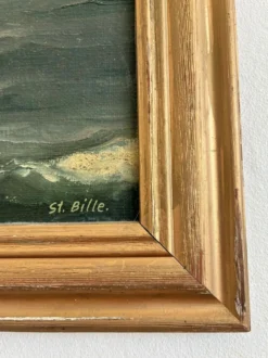 Peinture à l'huile de paysage maritime avec un voilier vintage signé