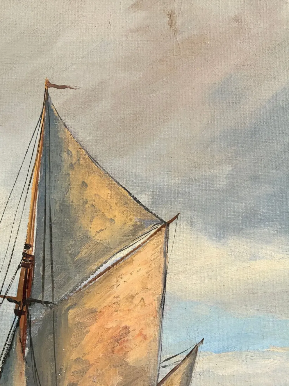 Peinture à l'huile de paysage maritime avec un voilier vintage signé