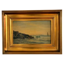 Peinture à l'huile de paysage marin de voilier ancien signé