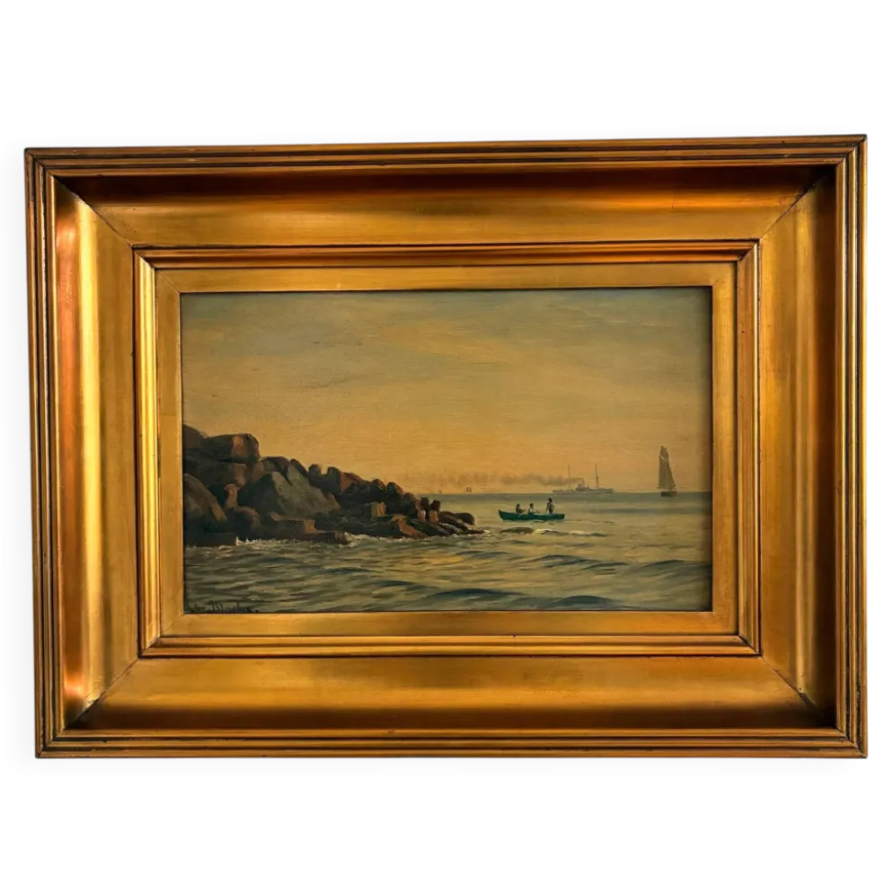 Peinture à l'huile de paysage marin de voilier ancien signé