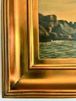 Peinture à l'huile de paysage marin de voilier ancien signé